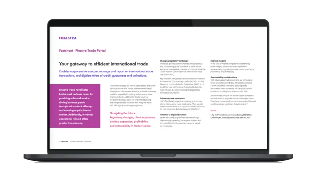 Image of laptop with cover slide of "Trade Portal powered by Finastra Corporate Channels" factsheet