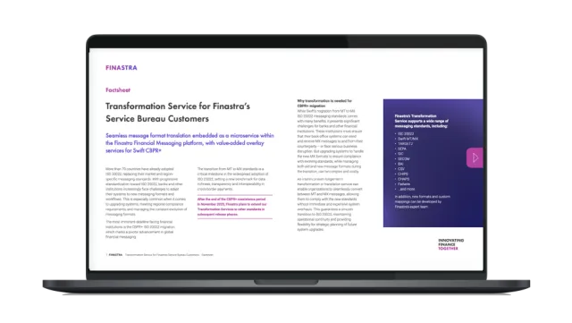 Image of laptop with cover slide for "Transformation service for Finastra’s Service Bureau Customers" factsheet