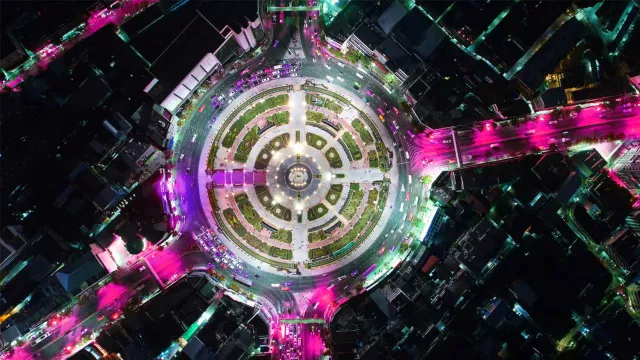 Image of top down view of circular road at night