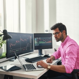 Image of man working on laptop and two monitors