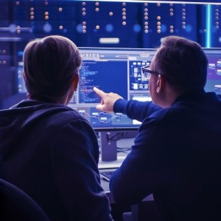 Developers reviewing and debugging code on multiple monitors in a high-tech workspace.