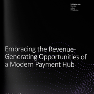 Image of tablet with cover slide of the "Embracing the revenue-generating opportunities of a modern payment hub" report