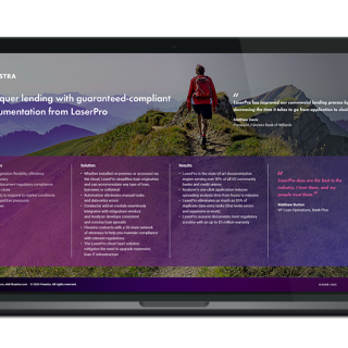 Image of laptop with cover slide for "Conquer lending with guaranteed-compliant documentation from LaserPro" infographic
