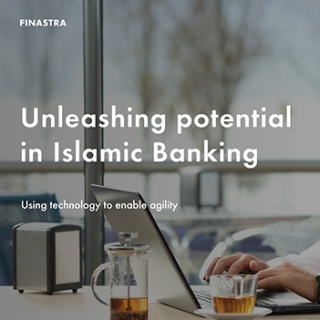Image of laptop with cover slide for "Unleashing potential in Islamic banking" white paper
