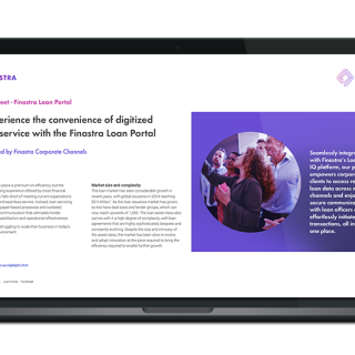 Image of laptop with cover slide of "Finastra Loan Portal" brochure