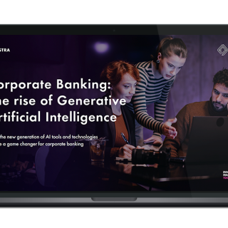 Image of laptop with cover slide of "Corporate banking: The rise of Generative Artificial Intelligence" white paper