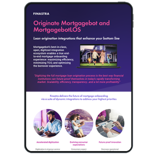 Image of tablet with cover slide of "Experience faster mortgage originations via Finastra’s partner integration ecosystem" infographic