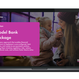 Image of laptop with cover slide of "Model Bank Package" brochure