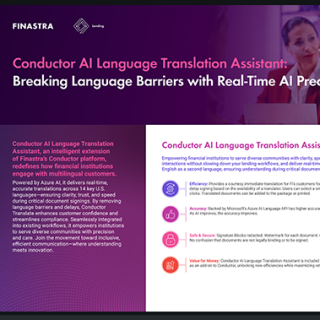 Image of laptop with cover slide of "New in LaserPro Conductor: Conductor Translate for financial institutions" infographic