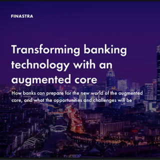 Image of laptop with cover slide of "Transforming banking technology with an augmented core" white paper