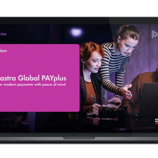 Image of laptop with cover slide for "Finastra Global PAYplus" solution overview