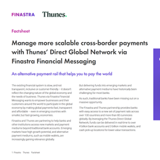 Image of laptop with cover slide for the "Manage more scalable cross-border payments with Thunes’ Direct Global Network via Finastra Financial Messaging" factsheet
