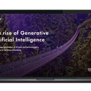 Image of laptop with cover slide of "The rise of Generative Artificial Intelligence in financial services" white paper