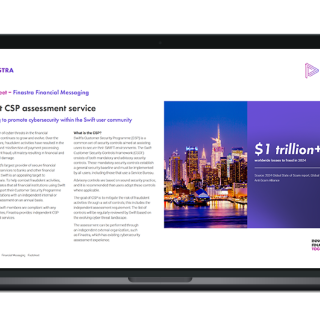 Image of laptop with cover slider for "Swift CSP Assessment Services offered by Finastra" factsheet