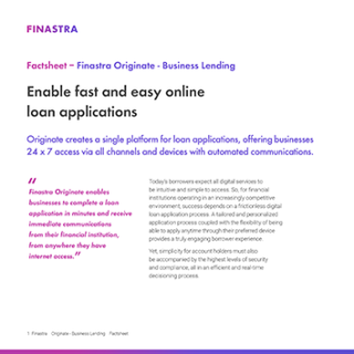 Image of laptop with cover slide for the Finastra Originate Business Lending factsheet