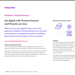 Image of laptop with cover slide of "Reimagine banking with Finastra Essence (Factsheet)" brochure