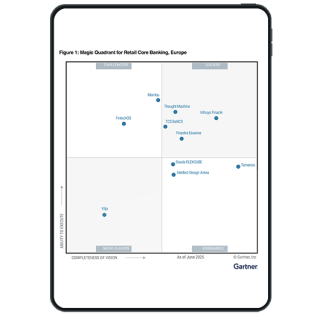 Image of tablet with cover slide of "Finastra Essence recognized as a Leader. Two years in a row." report