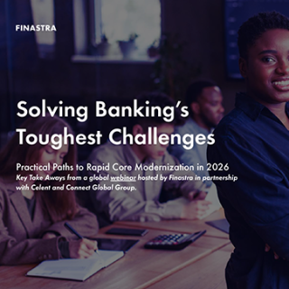 Image of laptop with cover slide of "Key Take Aways - Solving banking’s toughest challenges: Practical paths to rapid core modernization in 2026" whitepaper