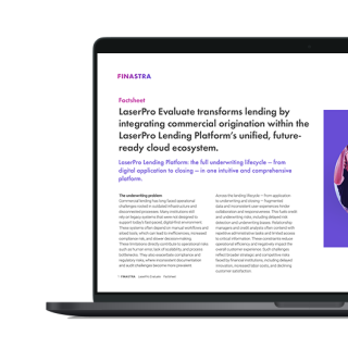 Image of laptop with cover slide of "LaserPro Evaluate: Modernize commercial Lending with cloud-native tech" brochure