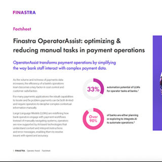 Image of laptop with cover slide of "Finastra OperatorAssist - Unlocking end‑to‑end efficiency and enhancing customer outcomes" brochure
