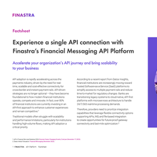 Image of laptop with cover slide of "Experience a single API connection with Finastra’s Financial Messaging API Platform" brochure