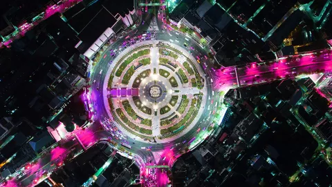 Aerial view of city at night