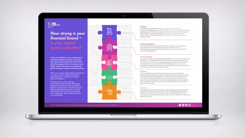 Image of laptop with cover slide for "How strong is your financial brand?" Infographic
