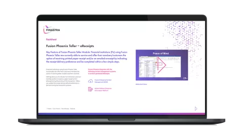 Image of laptop with cover slide for "Fusion Phoenix Teller – eReceipts" brochure