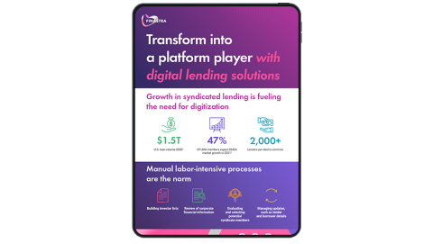 Image of tablet with cover slide for "The transformation of syndicated lending" infographic