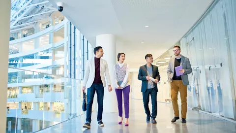 Image of officemates walking and discussing in office hallway