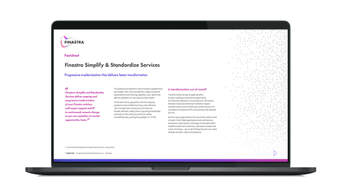 Image of laptop with cover slide of Finastra Simplify & Standardize Services Factsheet