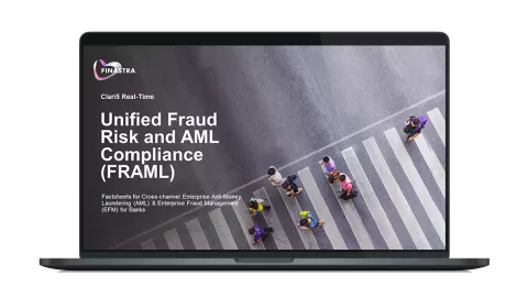 Image of laptop with cover slide for "Unified Fraud Risk and AML Compliance (FRAML)" factsheet