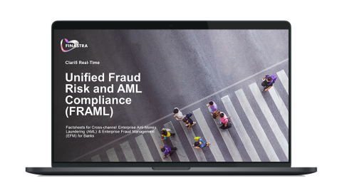 Image of laptop with cover slide for "Unified Fraud Risk and AML Compliance (FRAML)" factsheet