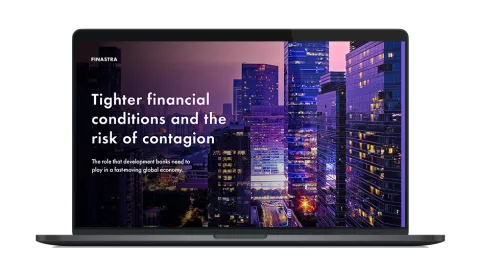 Image of tablet with cover slide for "Tighter financial conditions and the risk of contagion" white paper