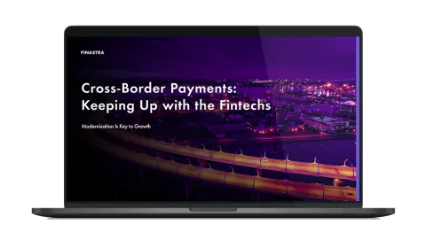 Image of laptop with cover slide for "Cross-border payments: Keeping up with the fintechs" ebook