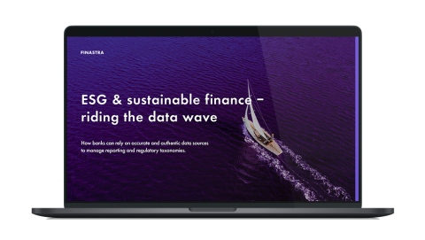 Image of laptop with cover slide for "ESG & sustainable finance - riding the data wave" white paper
