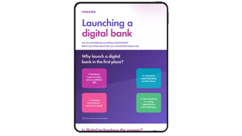 Image of tablet with cover slide of "Key considerations when building a digital bank" infographic