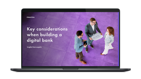 Image of laptop with cover slide for "Key considerations when building a digital bank" white paper