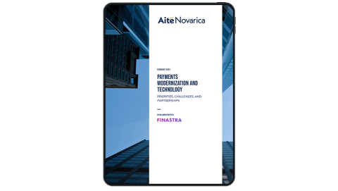 Image of tablet with cover slide for "Payments modernization and technology in 2023" report
