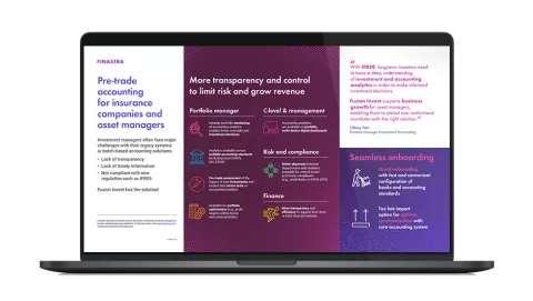 Image of laptop with cover slide for "Pre-trade accounting for insurance companies and asset managers" infographic