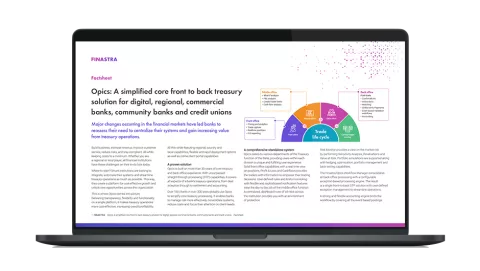 Image of laptop with cover slide for "Opics: A simplified core front to back treasury solution" factsheet