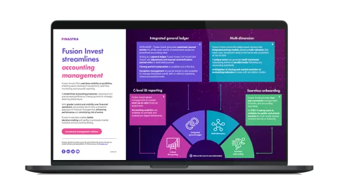 Image of laptop with cover slide for "Fusion Invest Accounting General Ledger" infographic