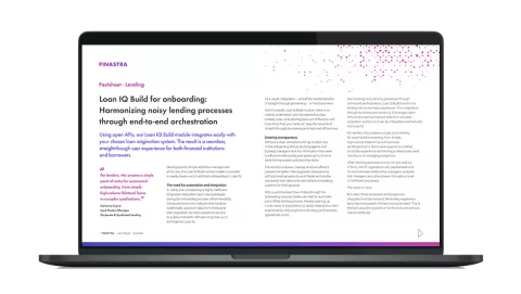 Image of laptop with cover slide for "Loan IQ Build for onboarding: Harmonizing noisy lending processes through orchestration" brochure