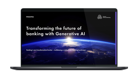 Image of laptop with cover slide for "Transforming the future of banking with Generative AI" white paper