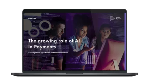 Image of laptop with cover slide for "The growing role of AI in Payments" white paper