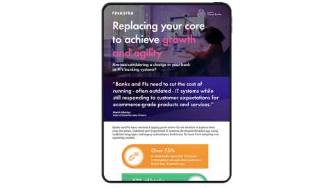 Image of tablet with cover slide of "Replacing your core to achieve growth and agility" infographic