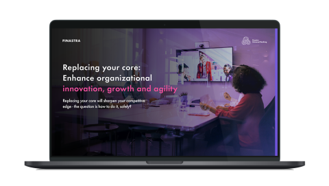 Image of laptop with cover slide for "Replacing your core: Enhance organizational innovation, growth, and agility" white paper