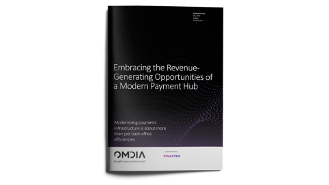 Image of tablet with cover slide of the "Embracing the revenue-generating opportunities of a modern payment hub" report