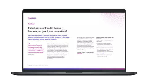 Image of laptop with cover slide for the "Instant payment fraud in Europe – How can you guard your transactions?" brochure
