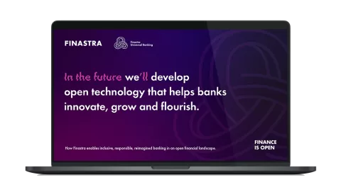 Image of laptop with cover slide of "Finance is Open: Universal Banking" eBook